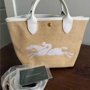 Longchamp Le Panier Pliage Raffia and White Top Handle Crossbody Bag